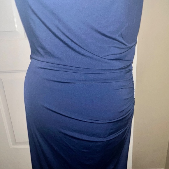 Sam Edelman Drape Neck Ruched Slim Asymmetric  Dress Navy - Picture 5 of 14